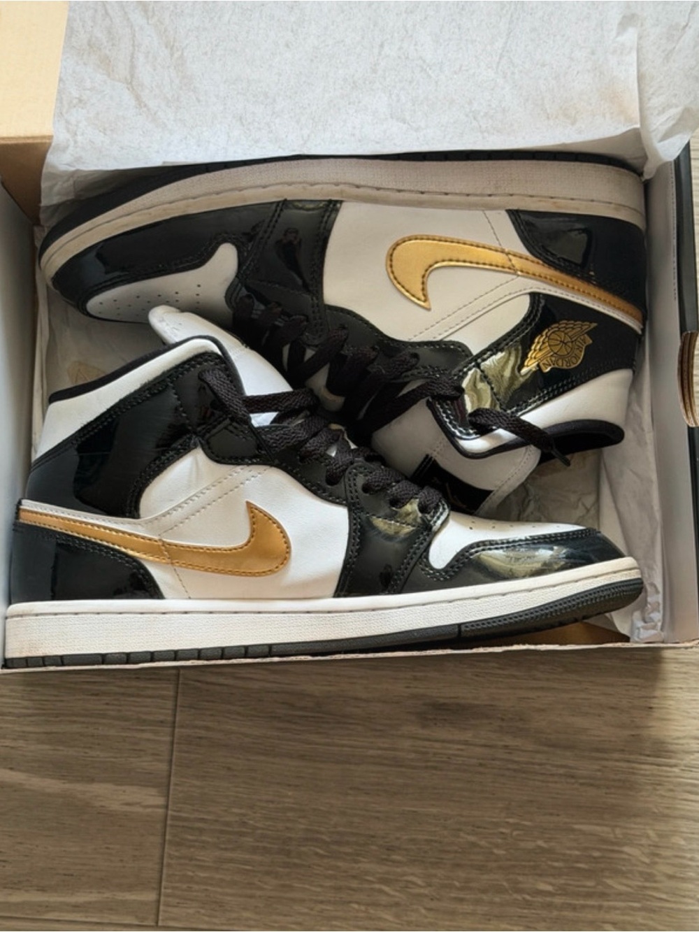 Jordan Men’s Mid-Top Sneakers — White / Black with Gold Swoosh